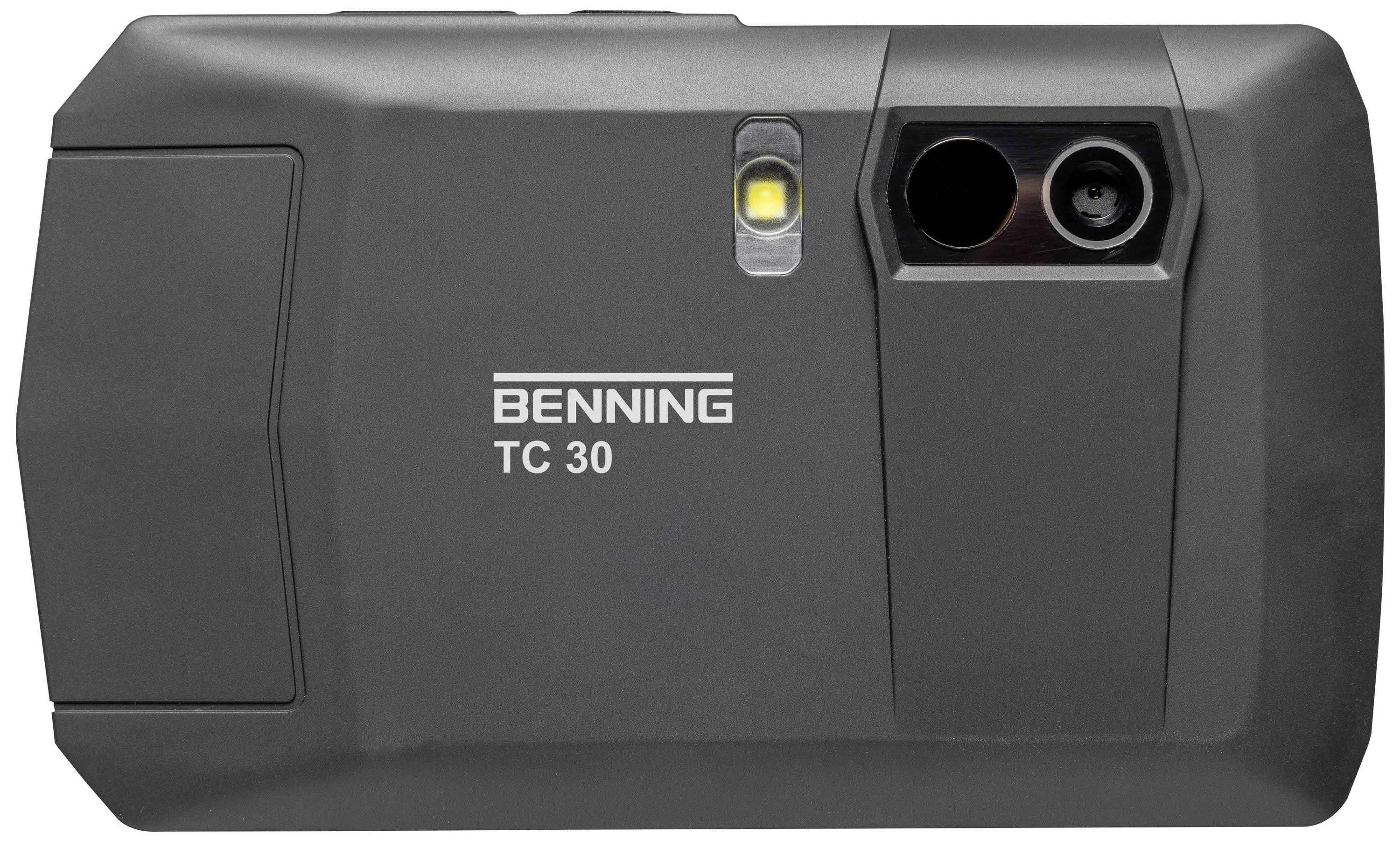 Handy infrared thermometer with the inscription 'Benning TC 30'. Shows camera lens and LED display. Ideal for temperature measurement.