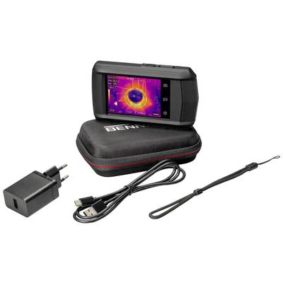 A portable thermal imaging camera with a colour screen displays a thermal image. Accessories: charging cable, mains adapter, carry case.