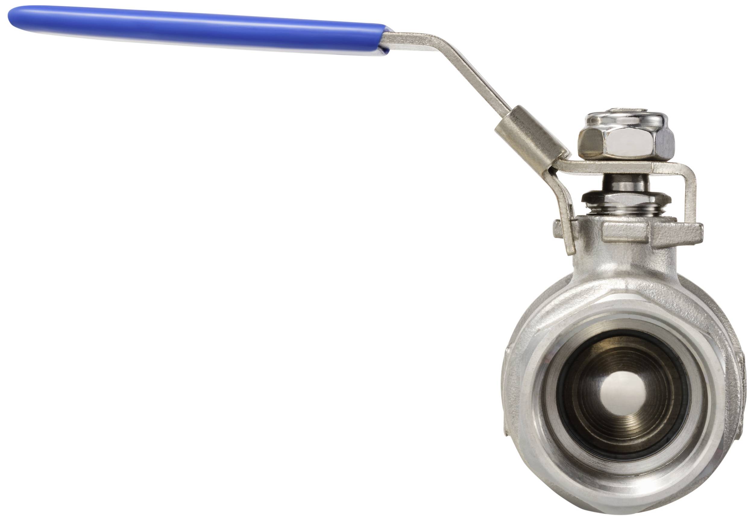 A metallic ball valve with a blue lever, used for regulating fluid flow in pipelines.