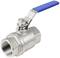 Metal ball valve with blue lever handle, showing screw threads at both ends, suitable for pipelines.