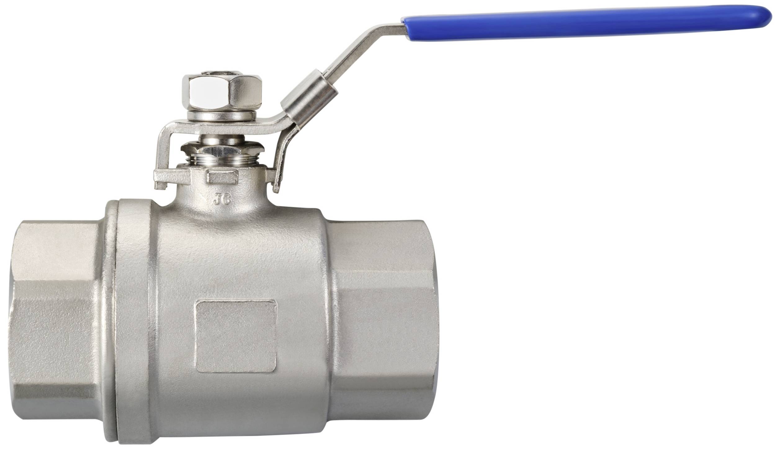 Stainless steel ball valve with blue handle, used for controlling liquid flows in piping systems.