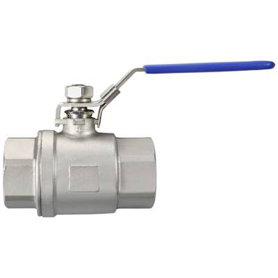 Stainless steel ball valve with blue handle, used for controlling liquid flows in piping systems.