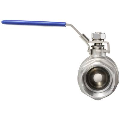 A silver ball valve with a blue metal lever handle, front view. Suitable for industrial applications and liquid control.