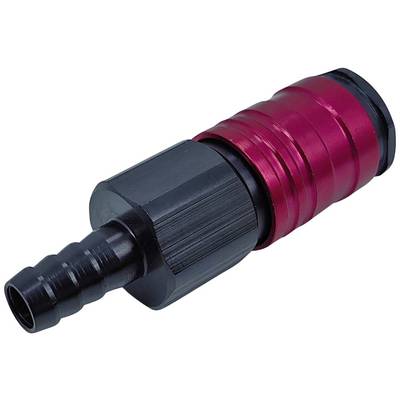 A black and red adapter with a ribbed handle and hose connection, used in hydraulic systems.