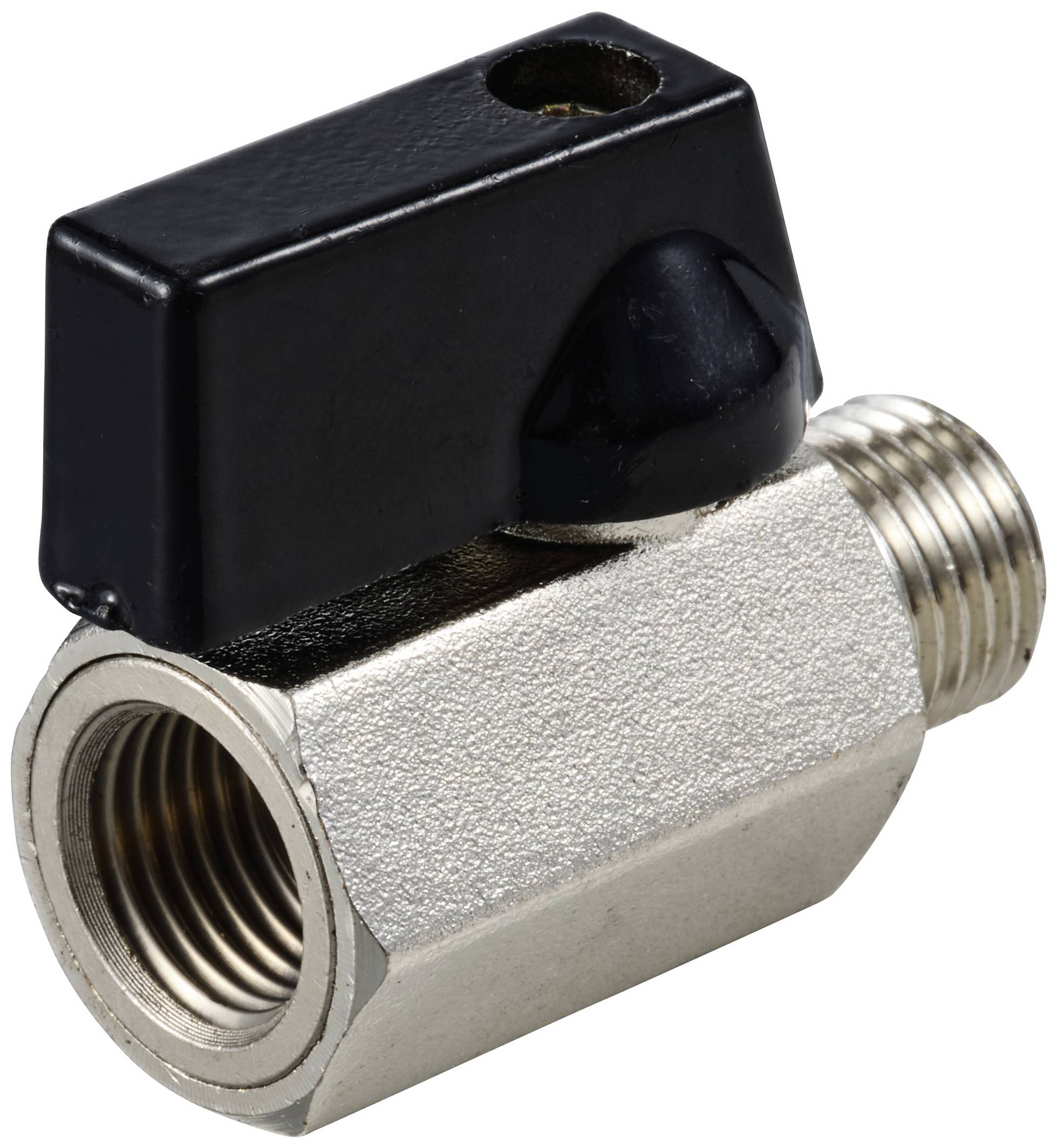Metal ball valve with black lever handle, threaded connections at both ends, suitable for liquid or gas control systems.