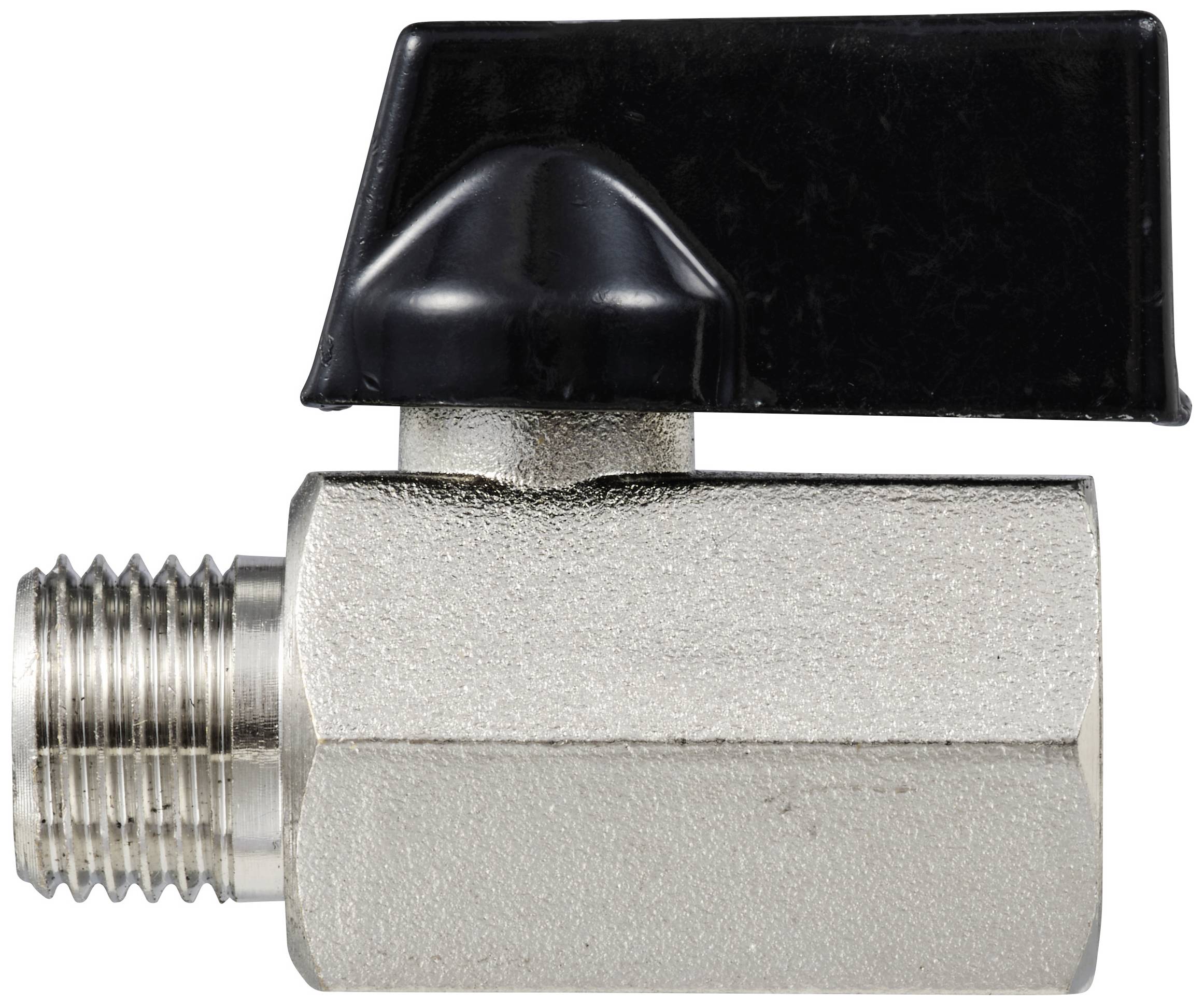 Metal ball valve with black plastic handle, side view. Used for regulating the flow of liquids or gases.