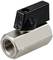 A spherical metal valve with a black lever handle. Valve suitable for pipe systems to control liquid flow.