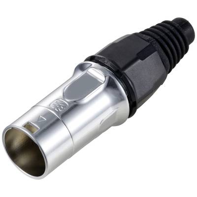 An XLR cable connector in silver and black. Commonly used for professional audio connections.