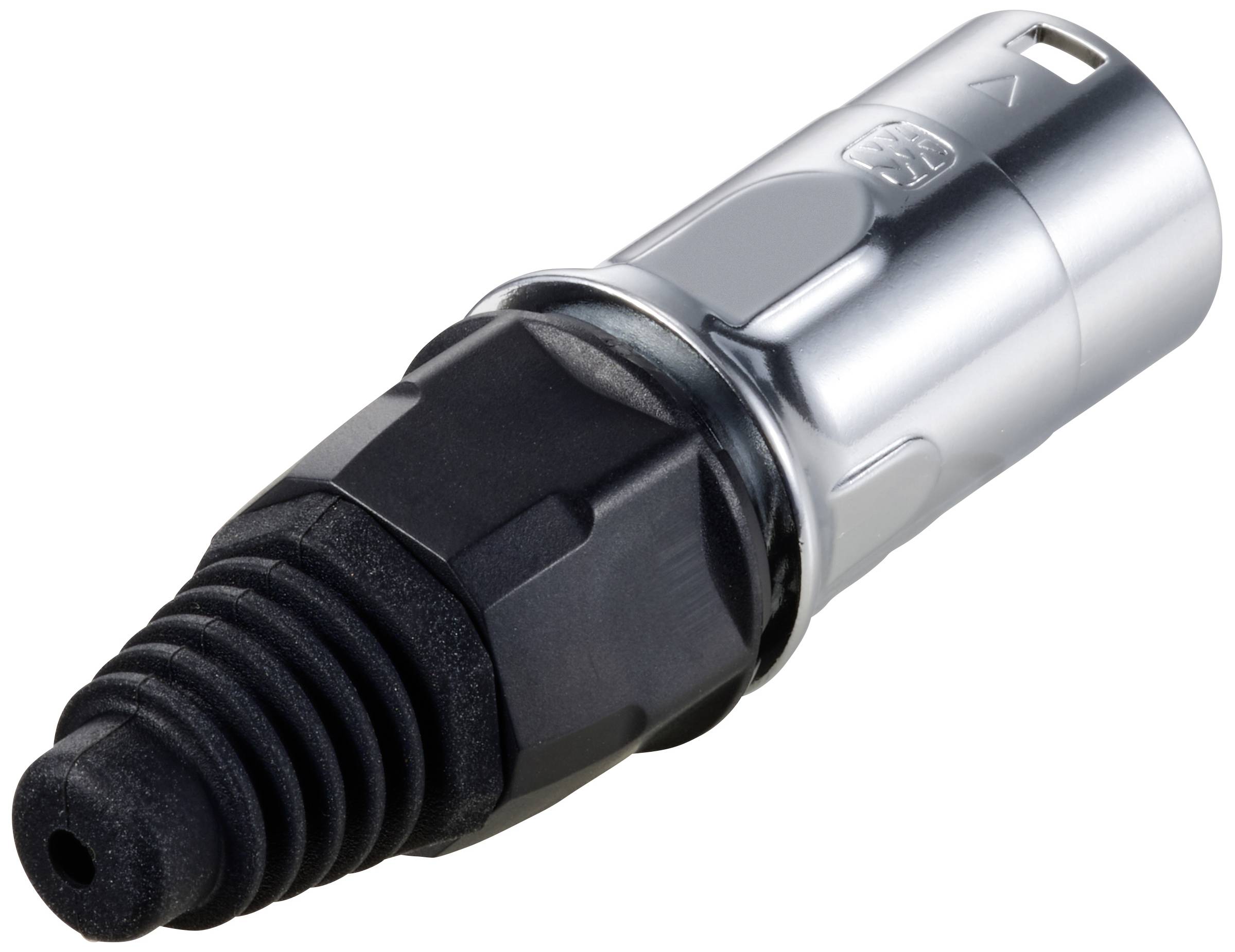 Black and silver audio plug with protective cover, suitable for professional audio systems and cable connections.