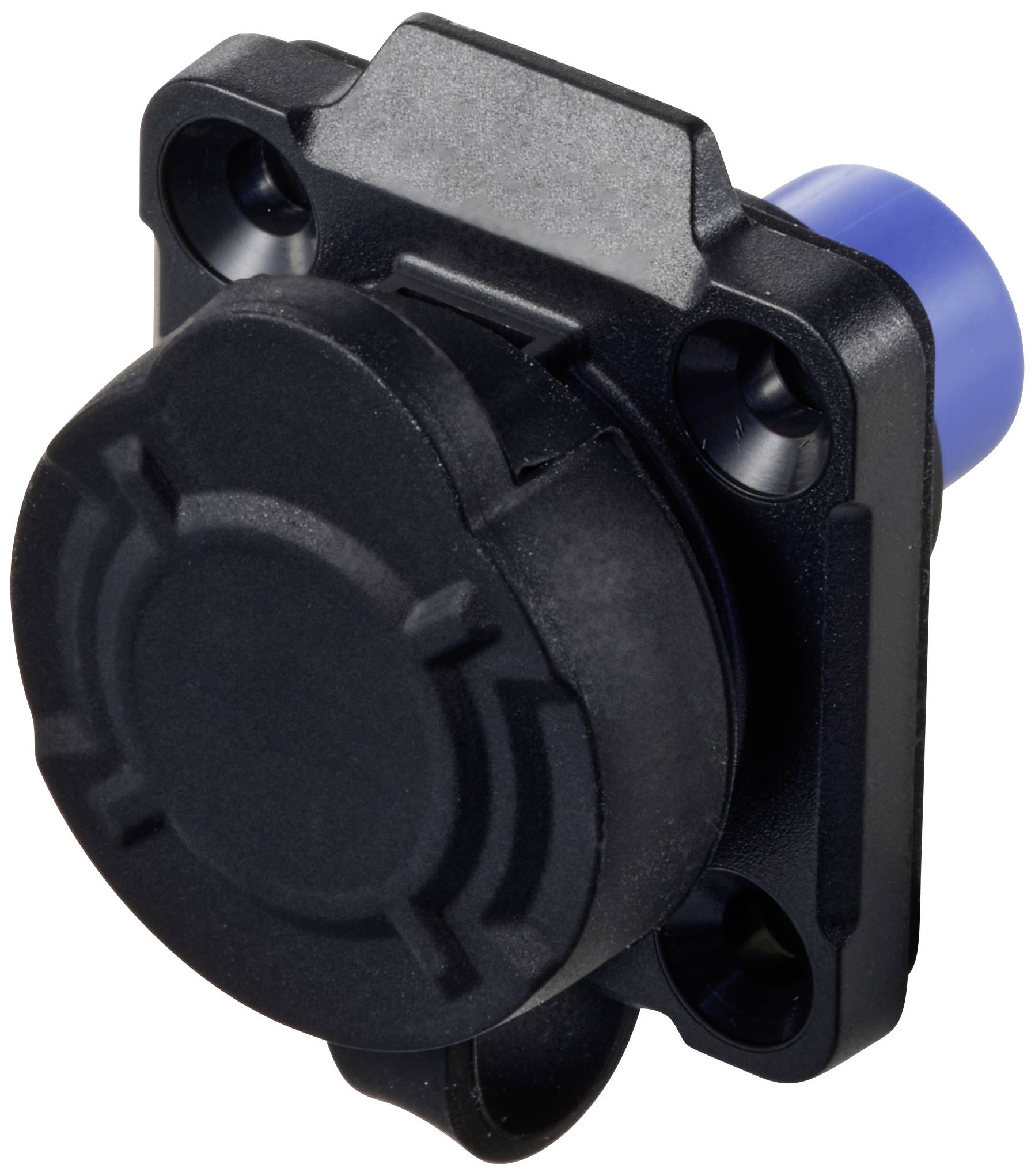 A black, square plastic plug with four screw holes and a blue connector on the rear side.