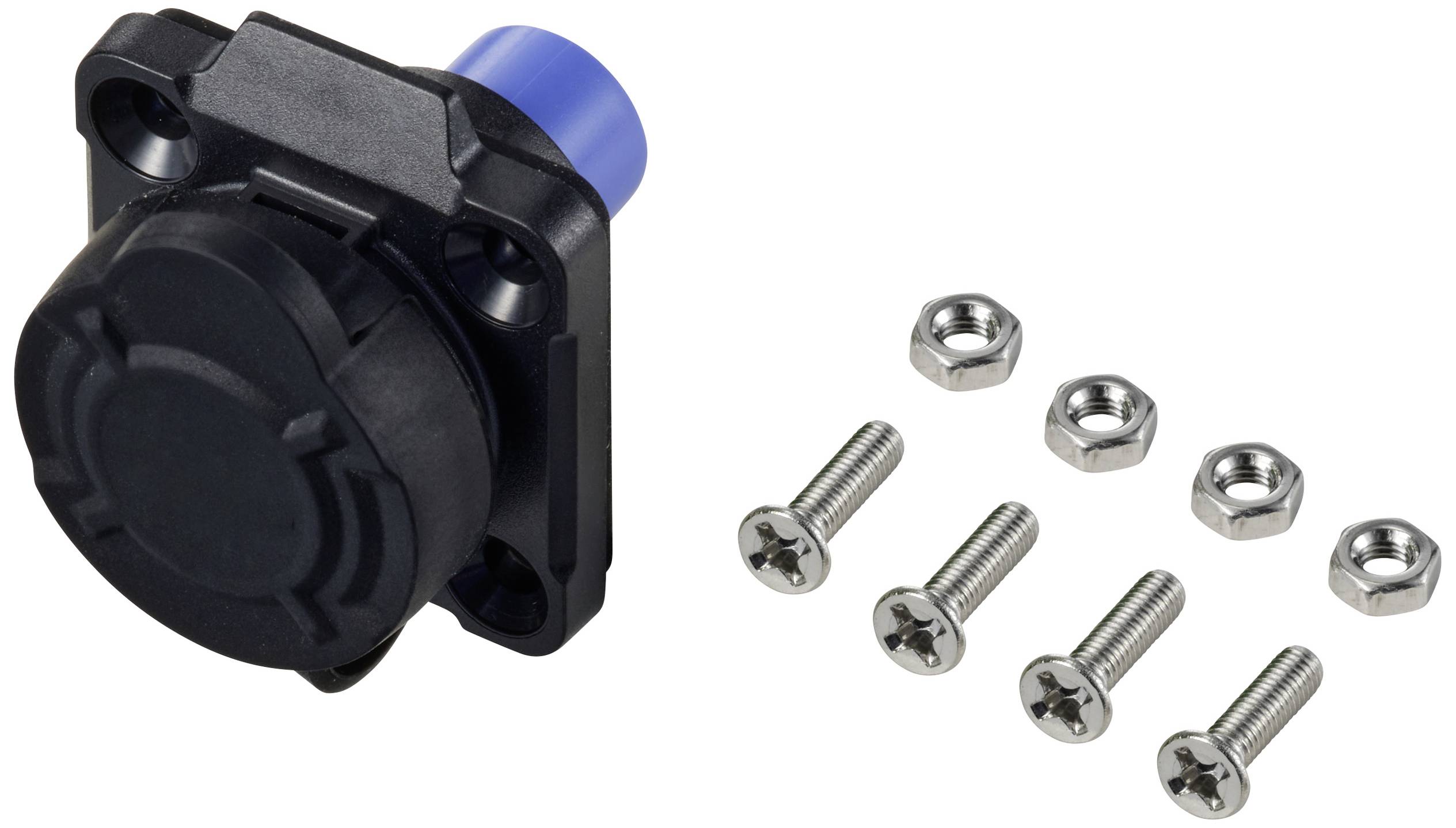 'Black electric plug with blue end, alongside four screws and nuts on white background.'