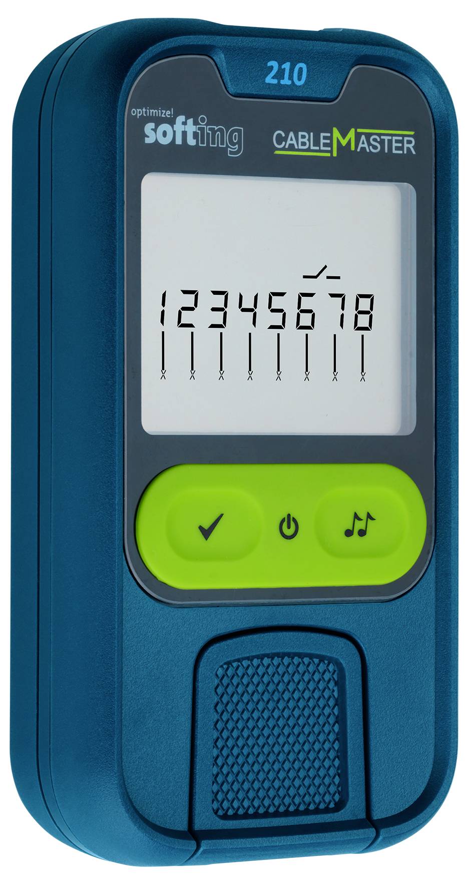 Handheld CableMaster 210 device display showing '12345678' with three green buttons below.