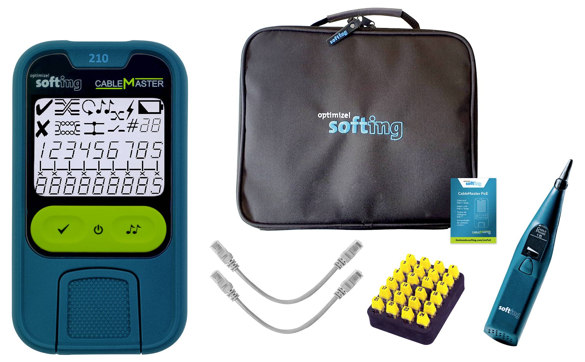 Softing CABLEMASTER 210 cable tester kit with carrying case, probe, test leads, adapters, and accessories on white background