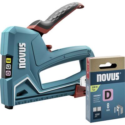 Blue Novus Tacker with an ergonomic handle, suitable for staples. Next to it is a pack of 8 mm staples.