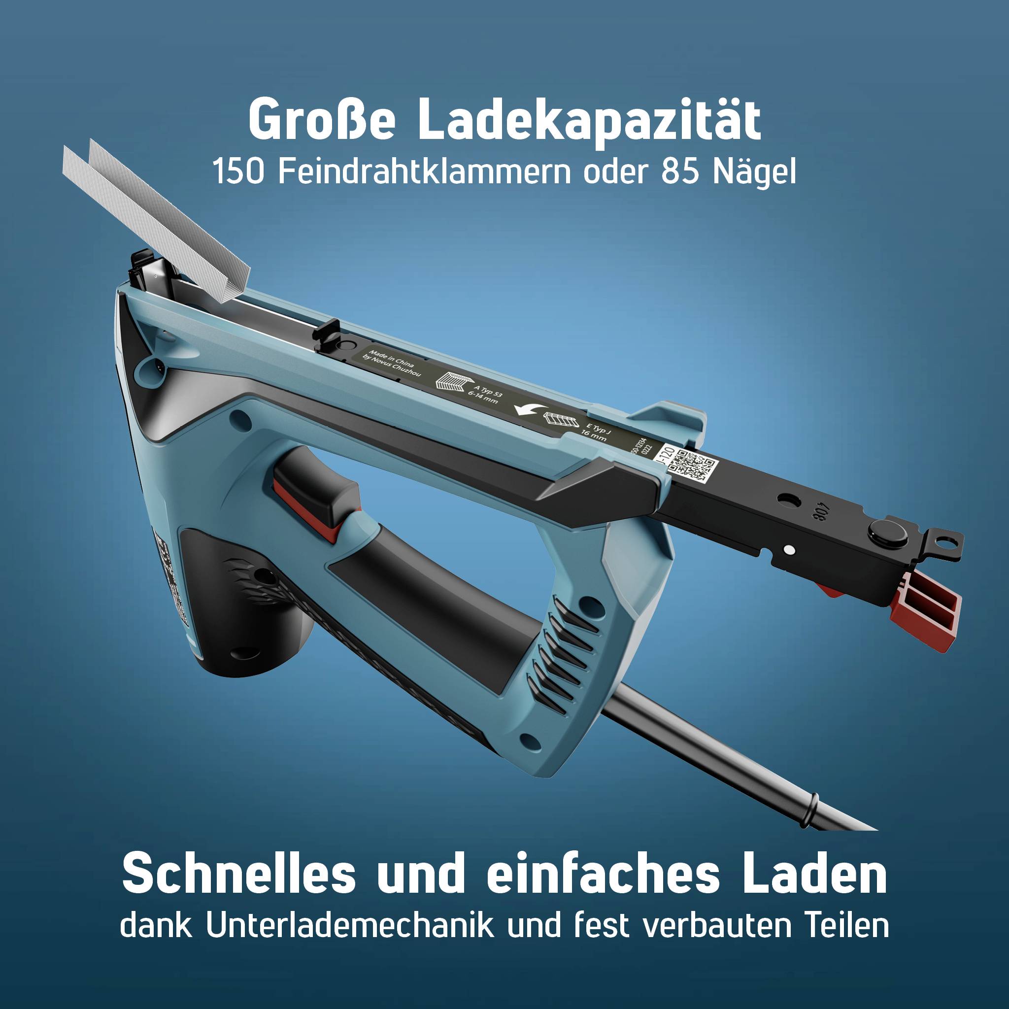 An electric staple gun demonstrates high loading capacity: 150 fine wire staples or 85 nails. Quick charging via underload mechanism.