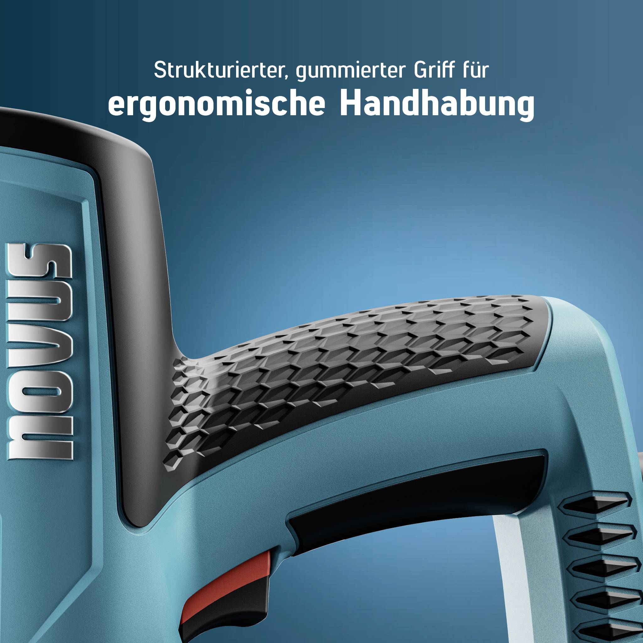 Structured, rubberised grip of a tool with 'novus' inscription for ergonomic handling against a blue background.