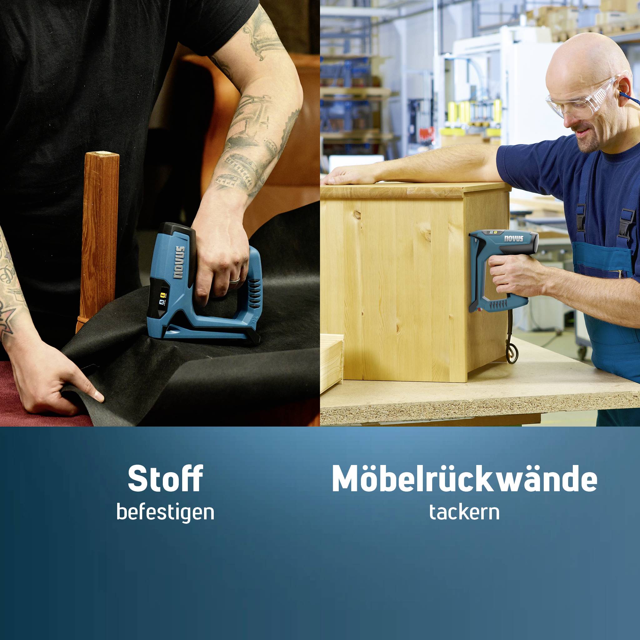 'Man fastens fabric with a blue staple gun. Left: Arm with staple gun, fabric, and chair leg. Right: Bald man stapling back panel to wooden furniture.'