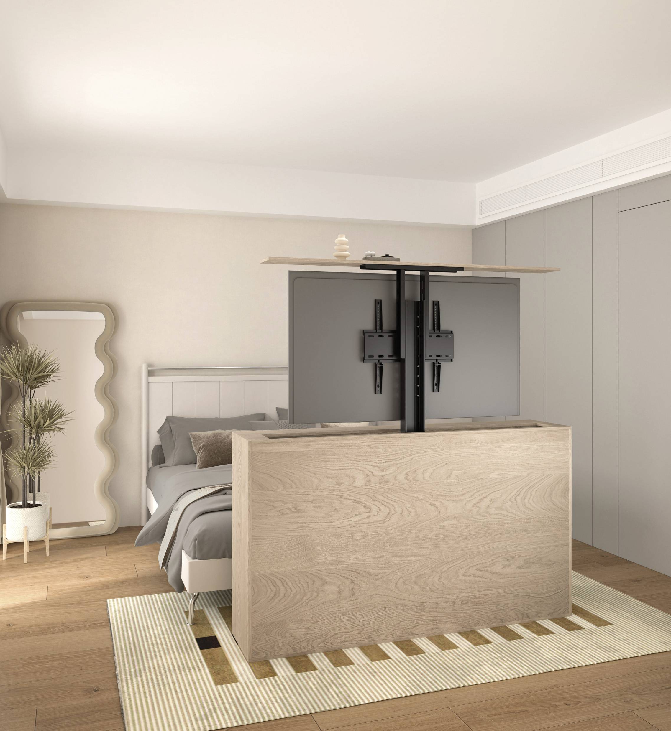 A modern bedroom with a bed partially obscured by a wooden television mount supporting a flat-screen television.