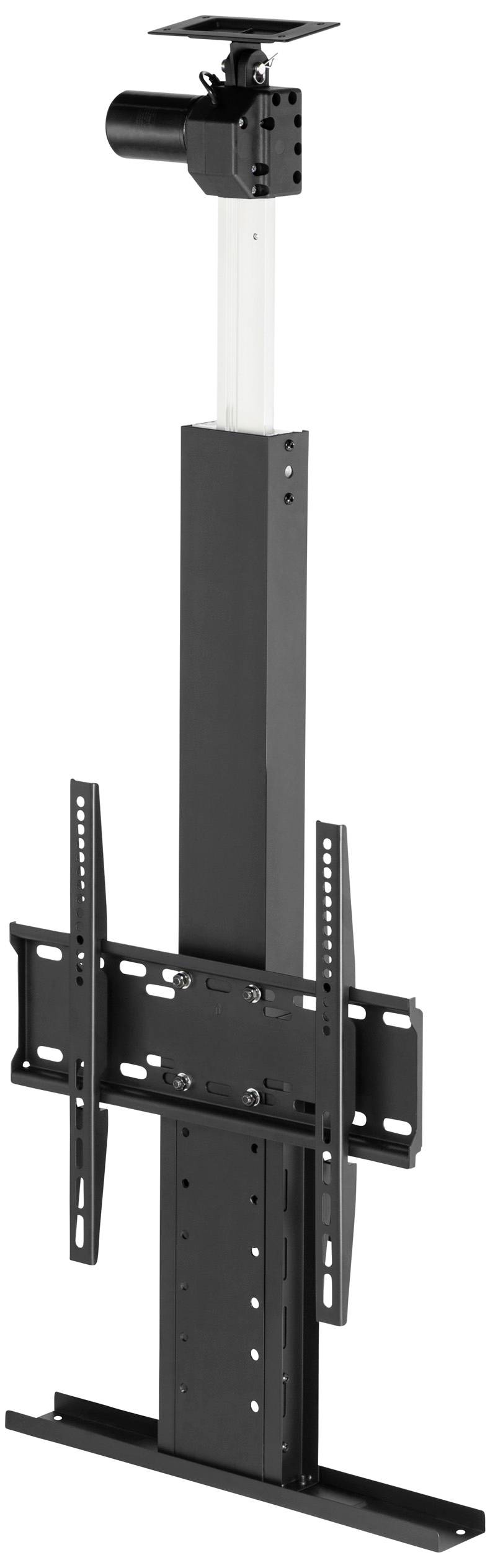 Black, height-adjustable TV bracket with mounting rail and ceiling mount, suitable for flat screens.