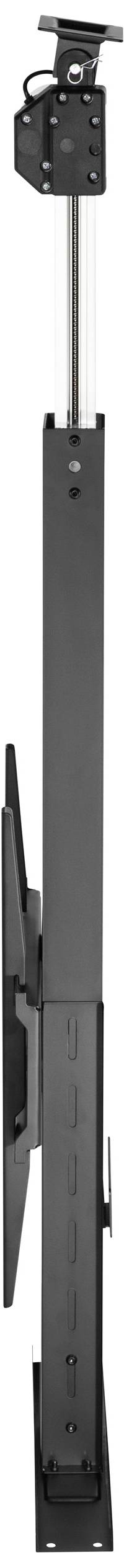 Side view of an adjustable-height, black TV mount with an extended arm and mounting plate at the top.