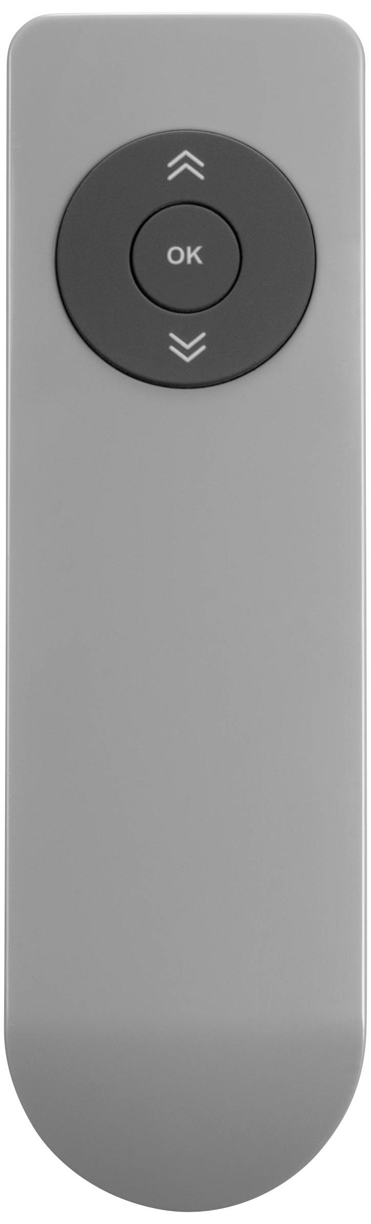 Grey remote control with a dark circle in the centre. The circle has three buttons: 'OK' in the middle, surrounded by two arrows.