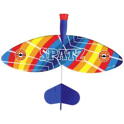 A colourful toy glider with the inscription 'SPATZ' on its wings. The wings feature a vibrant, geometric pattern.