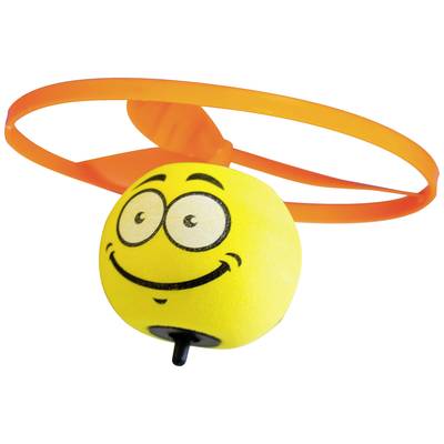 A yellow ball with a laughing face and an orange rotor on top, looking like a small helicopter.