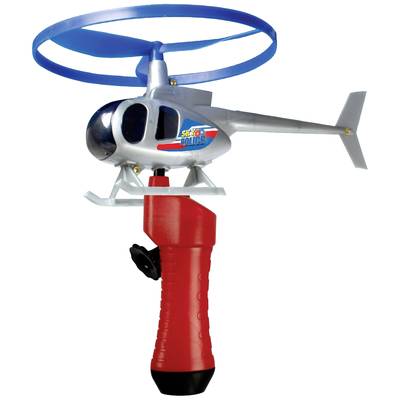 Toy helicopter with a red handle, silver fuselage, and blue rotor blades.