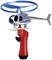 Toy helicopter with a red handle, silver fuselage, and blue rotor blades.