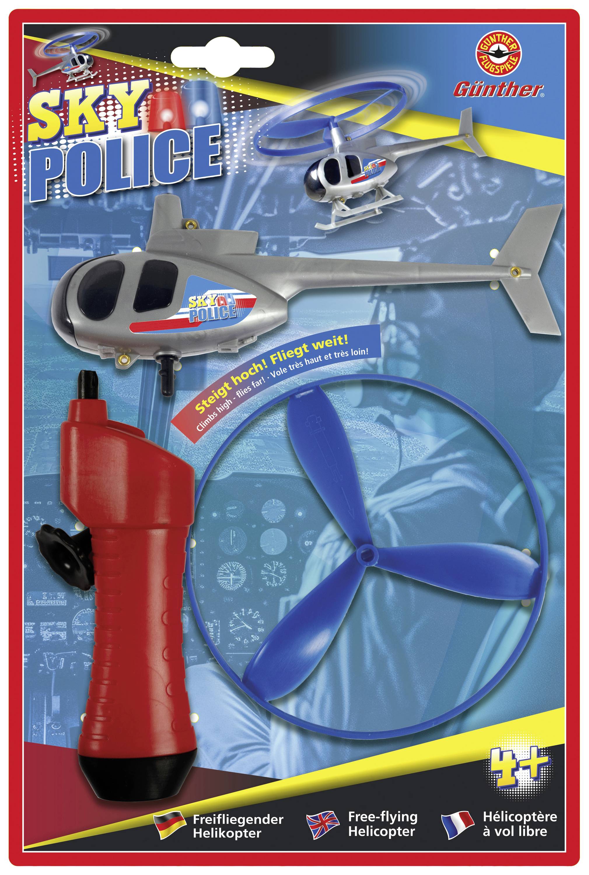 'Toy Helicopter Set for Children Aged 4+ with Red Starter Handle and Blue Propeller, Themed as 'Sky Police'.'