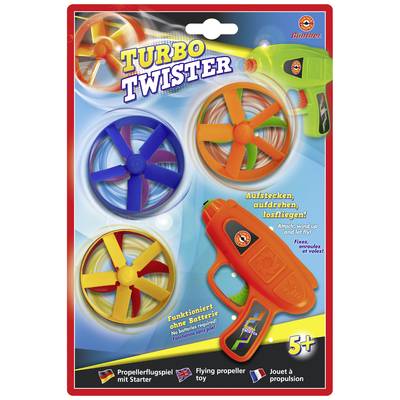Turbo Twister toy with three coloured propellers and starter pistol. Text reads: 'Works without batteries. Suitable for ages 5 and up'.