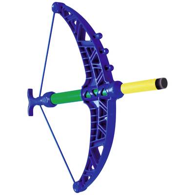 Blue and yellow plastic toy bow with detailed structure and taut string, without arrows.