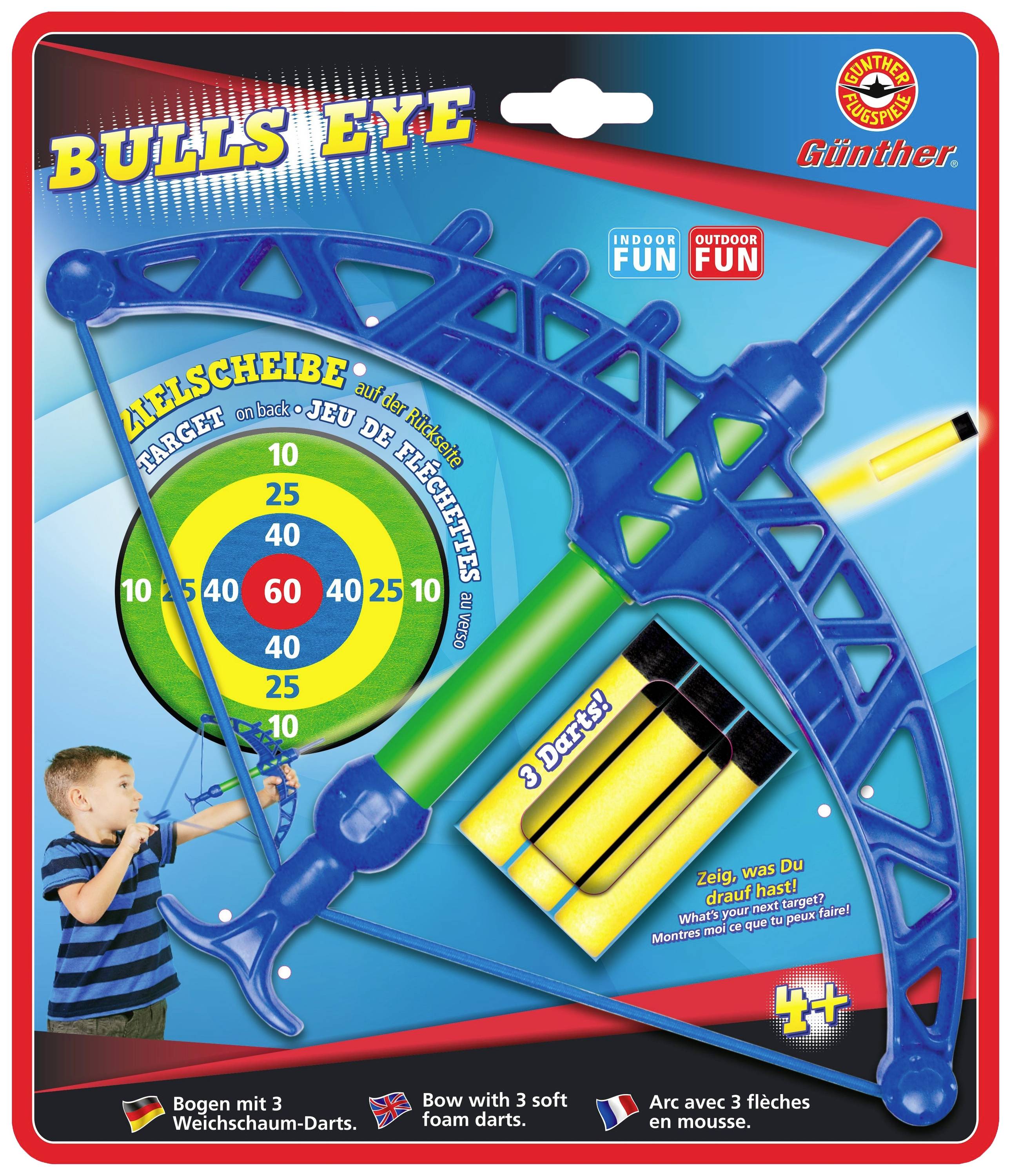 A toy archery set with arrows and target. Includes a blue bow and soft arrows. Recommended for children aged 4 and over.