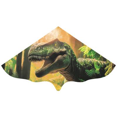 A large, green dinosaur face with open jaws in a dense, green jungle under warm light.