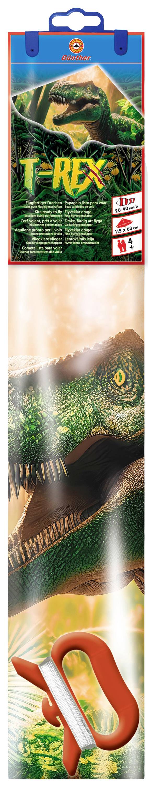 Packaging for a children's dental care set. Features dinosaur illustrations, specifically a T-Rex. Includes a toothbrush with a red handle.