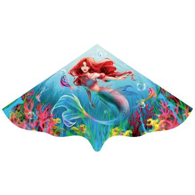 A mermaid with red hair swims happily in the vibrant coral reef, surrounded by fish and blue bubbles.