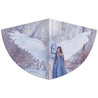 A woman in a blue dress stands beside a white horse with outstretched wings in a snow-covered woodland landscape.