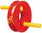 A red reel with two yellow handles, used for winding cord.