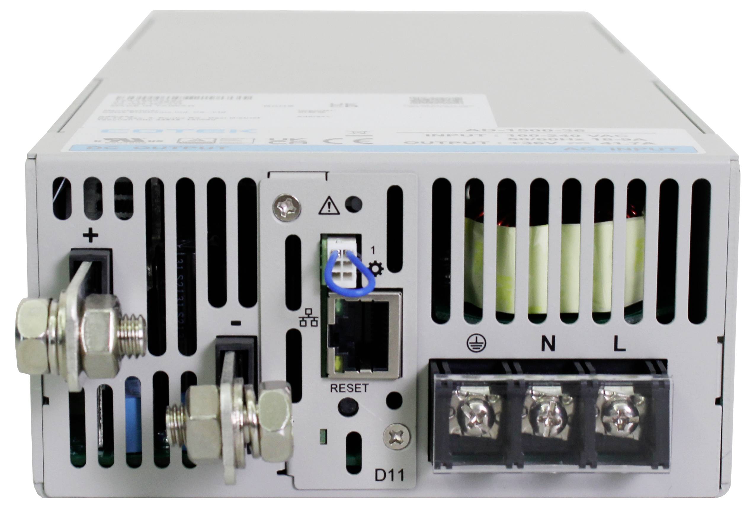 A switched-mode power supply shows connections for positive and negative poles on the left, LAN connection in the middle, and L and N terminals on the right.