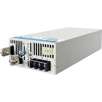 Industrial power supply unit with ventilation slots, connections, and label with technical specifications on the top surface.