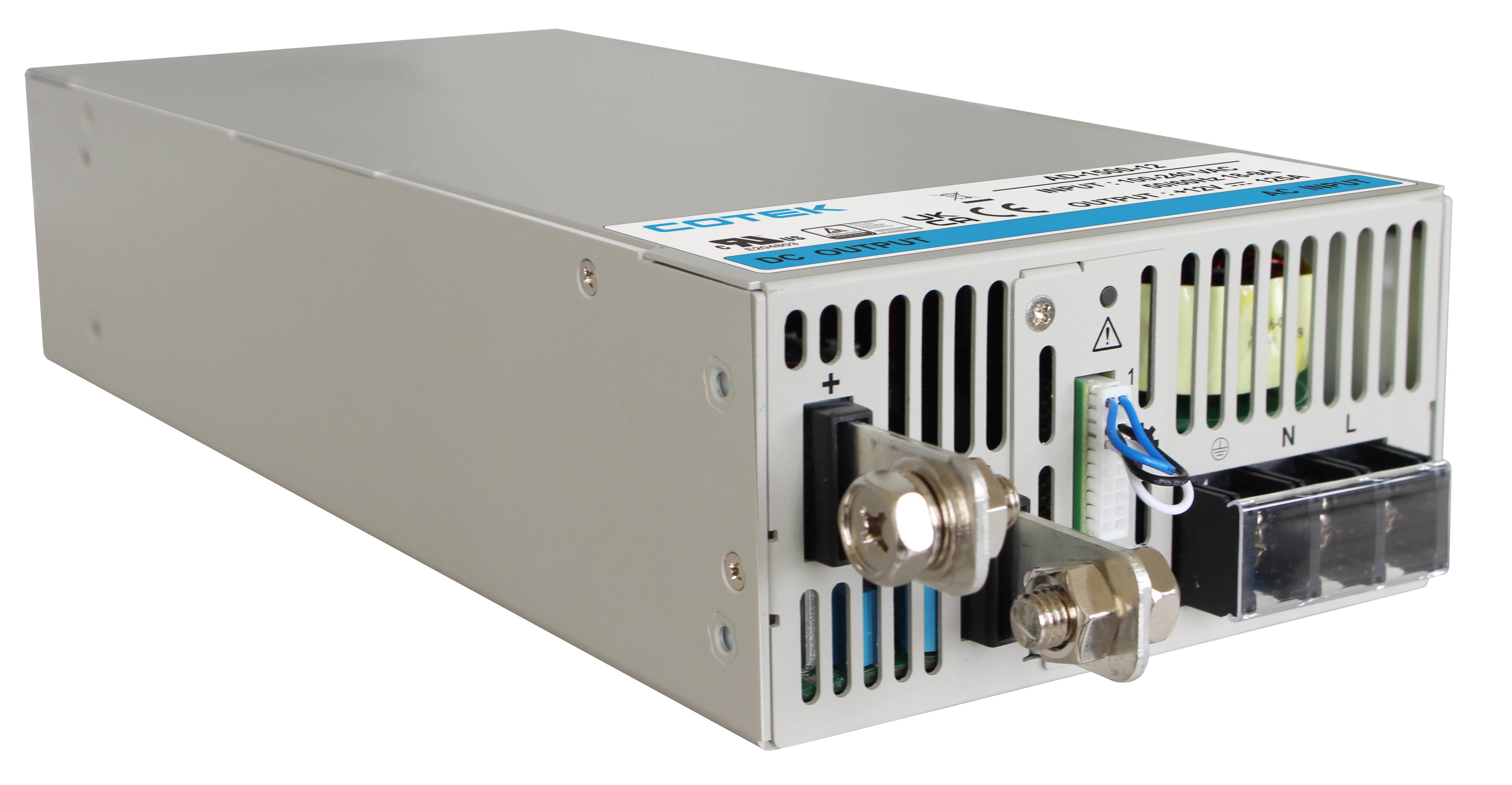 Industrial power supply unit with metal casing, ventilation slots, and power and connector terminals. Suitable for electrical engineering applications.