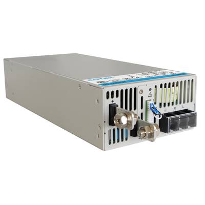 Industrial power supply unit with metal casing, ventilation slots, and power and connector terminals. Suitable for electrical engineering applications.