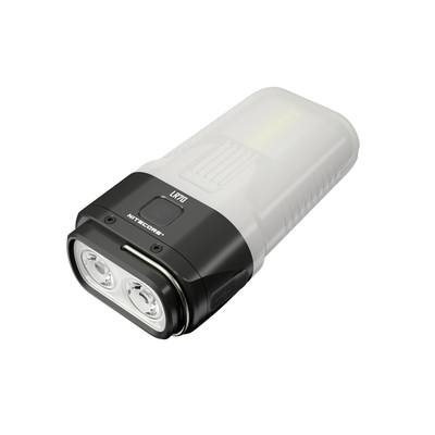 Compact Nitecore LR70 torch with two LED lights and central switch on a black casing, suitable for outdoor activities.