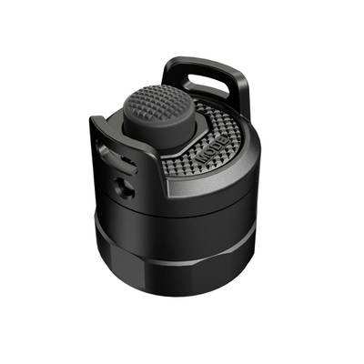 A black, cylindrical lid with a textured handle and side openings, presumably for a bottle or container.