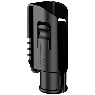 Black torch holster with clip, suitable for compact torches. Design displays the word 'NITECORE'. Ideal for belt attachment.