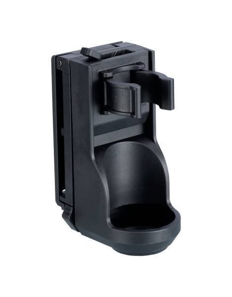 Black, ergonomically shaped plastic bottle holder for wall mounting, suitable for various bottle sizes.