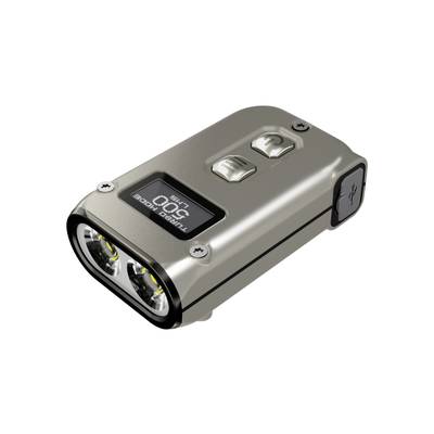 Torch with two lights and a digital display showing 'Turbo Mode 500 Lumens'. Two buttons for operation.