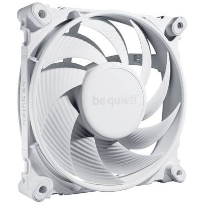 A white computer fan with the 'be quiet!' lettering in the middle, showing several fan blades and a square casing.