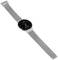A silver wristwatch with a black dial. The dial displays a digital readout showing the date and time. Elegant design.