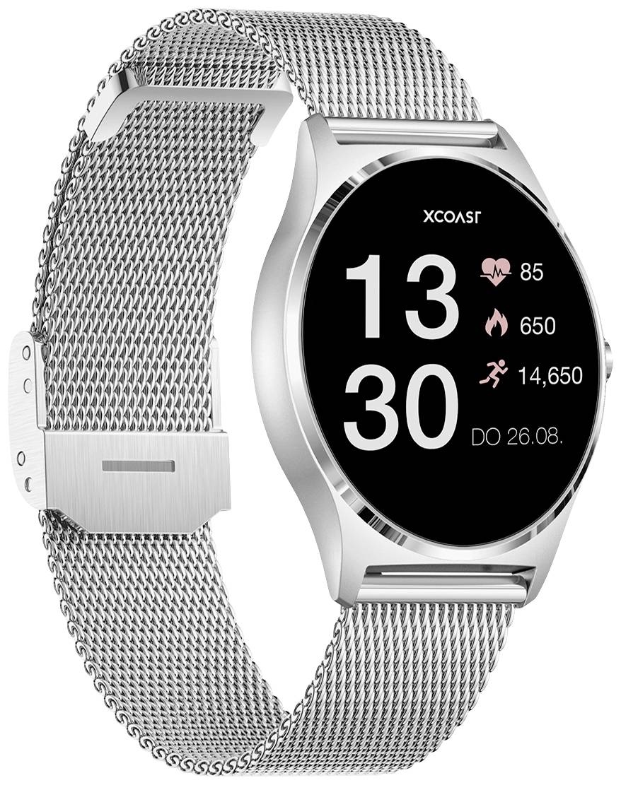 Silver smartwatch with a mesh strap, displaying time, heart rate, calorie burn, and step count on a black screen.